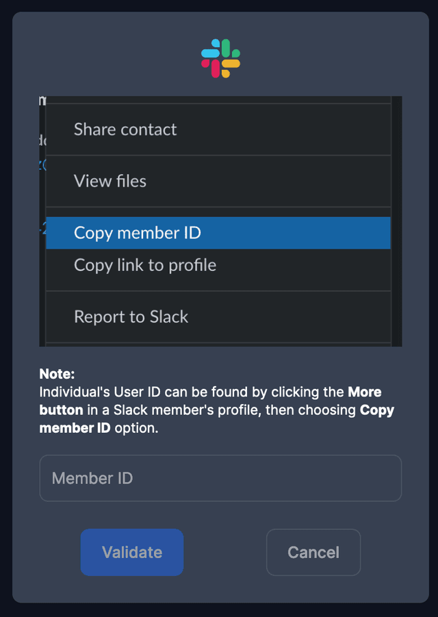 Add Slack User Modal member id input